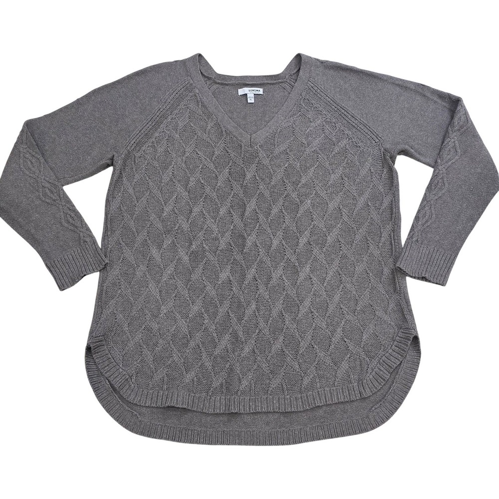 SONOMA Goods For Life Women's Size XL Grayish/Tan Cable Knit V-Neck Sweater